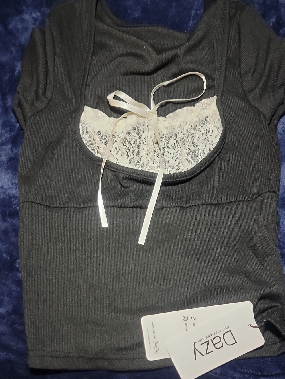Black Shirt With Lace And Ribbon